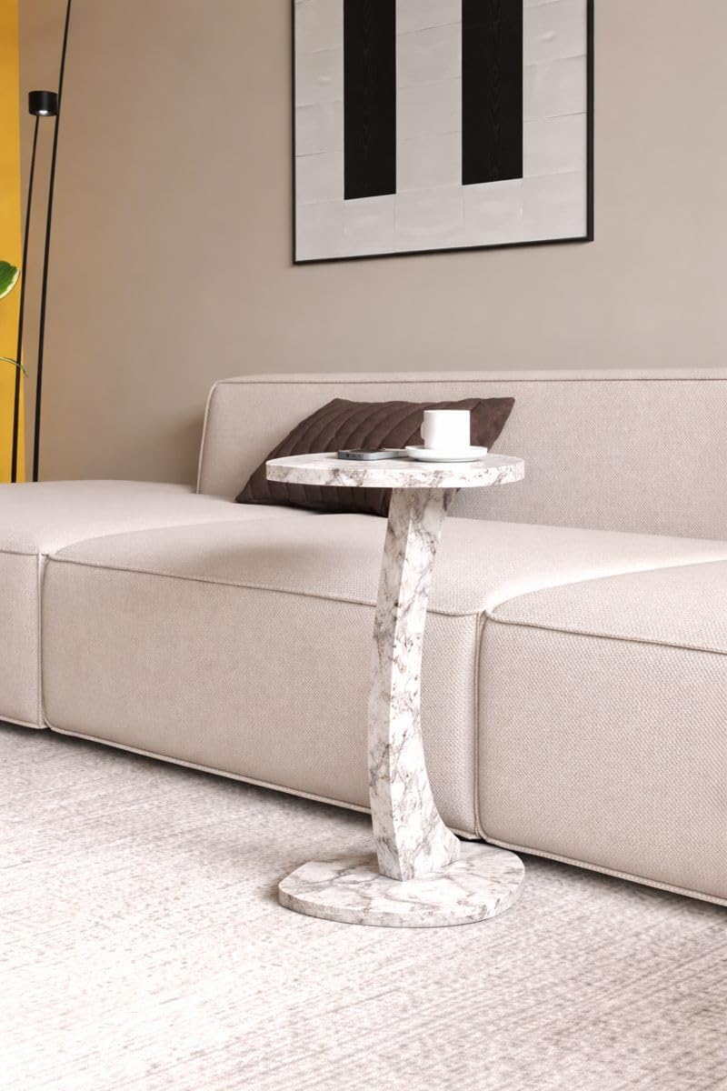 C Shaped Triangular Top Table for Couch Small Places, Space Saver Sheild Top Side Table for Sofa and Bedside with Wheels, Coffee and Eating Snack for Living Room, Office (White Marble)
