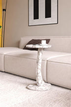 C Shaped Triangular Top Table for Couch Small Places, Space Saver Sheild Top Side Table for Sofa and Bedside with Wheels, Coffee and Eating Snack for Living Room, Office (White Marble)