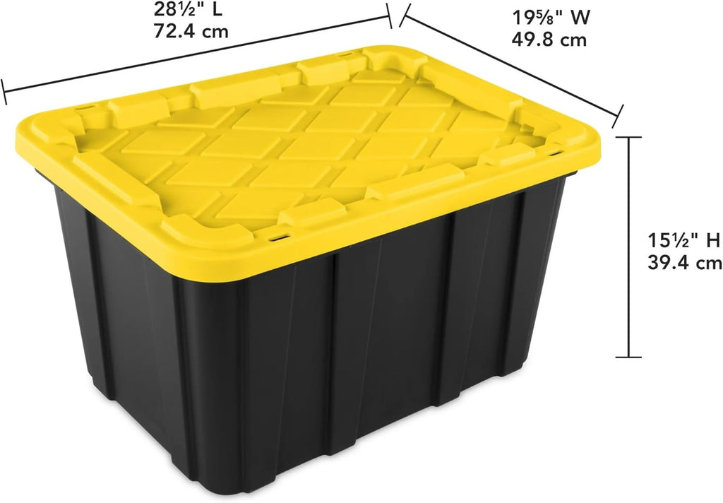 6 Pack, Large 27 Gallon Durable Plastic Storage Bin with Snap-On Lid, Storage Bin for Home Garage Organization, Black and Yellow