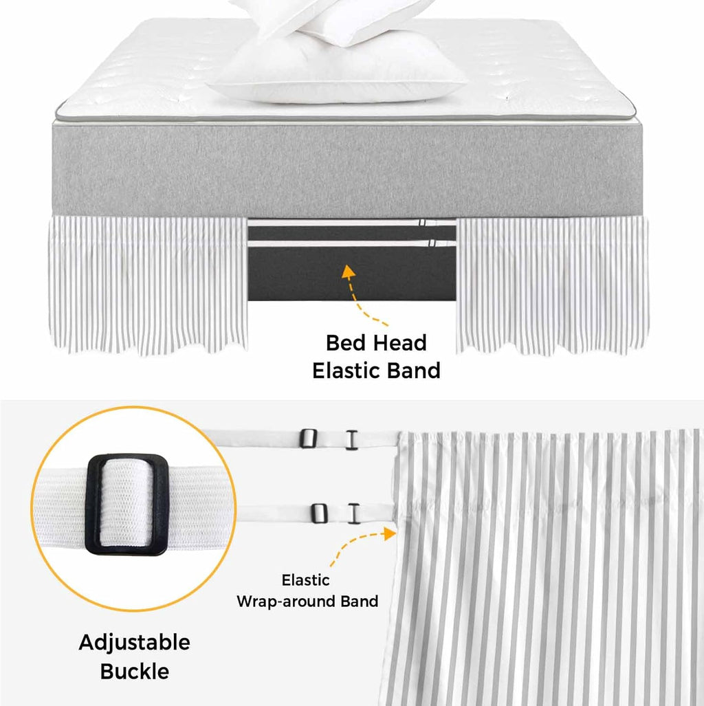 Grey Vertical Striped Bed Skirt Queen Size 16 Inch Drop, Adjustable & Elastic Wrap Around Bed Skirts Pleated Luxury Dust Ruffles for Twin Full Queen Cal King Base Bed, Farmhouse Thin Line Stripes