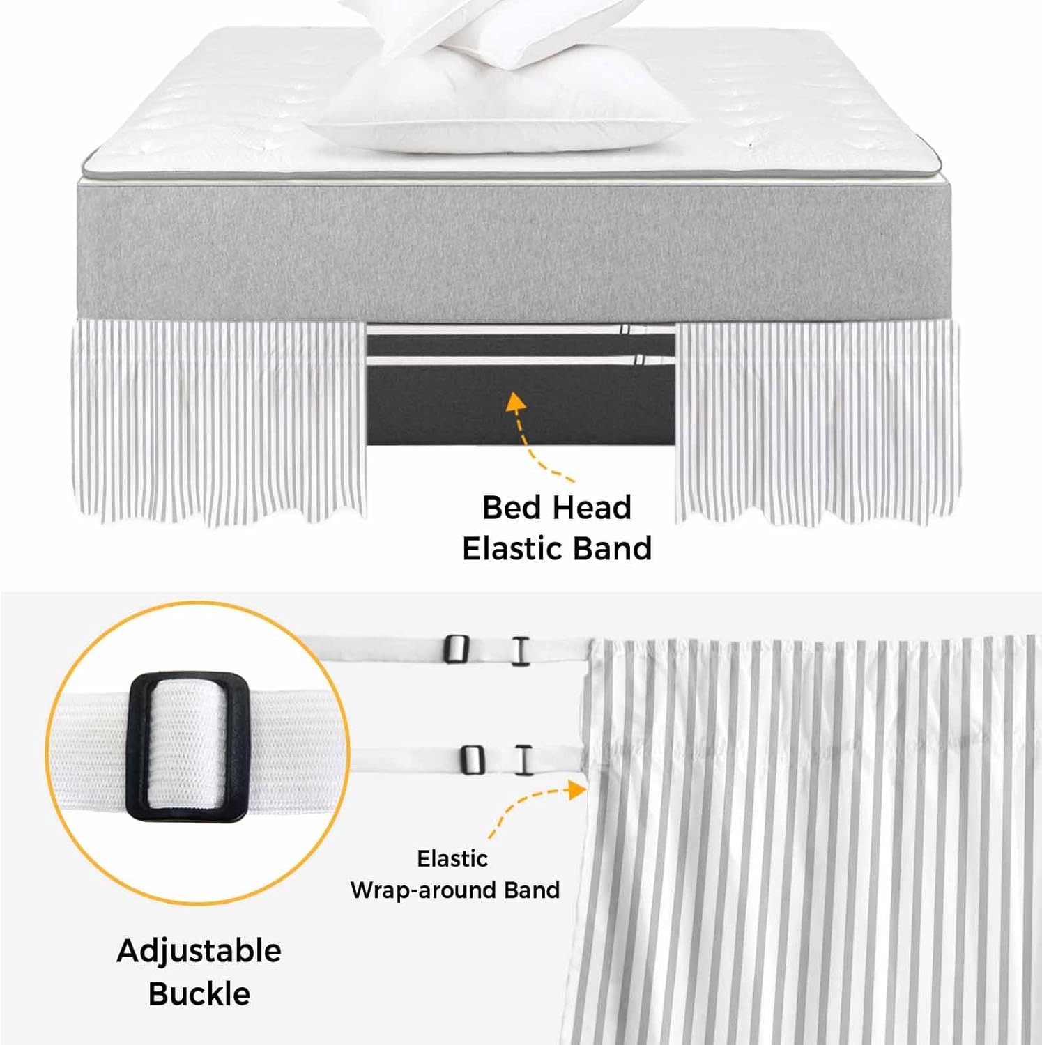 Grey Vertical Striped Bed Skirt Queen Size 16 Inch Drop, Adjustable & Elastic Wrap Around Bed Skirts Pleated Luxury Dust Ruffles for Twin Full Queen Cal King Base Bed, Farmhouse Thin Line Stripes