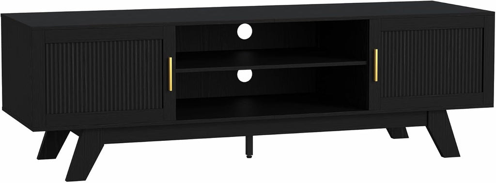 ChooChoo 59.5" Fluted TV Stands for 65 Inch TV, Mid Century Modern Entertainment Center with Storage and Adjustable Shelf, Long TV Console Media Table for Living Room, Bedroom, Black