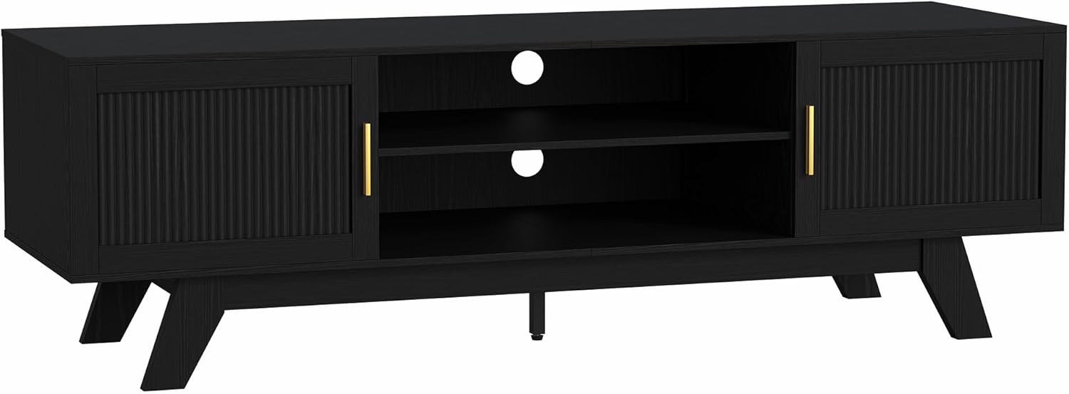 ChooChoo 59.5" Fluted TV Stands for 65 Inch TV, Mid Century Modern Entertainment Center with Storage and Adjustable Shelf, Long TV Console Media Table for Living Room, Bedroom, Black