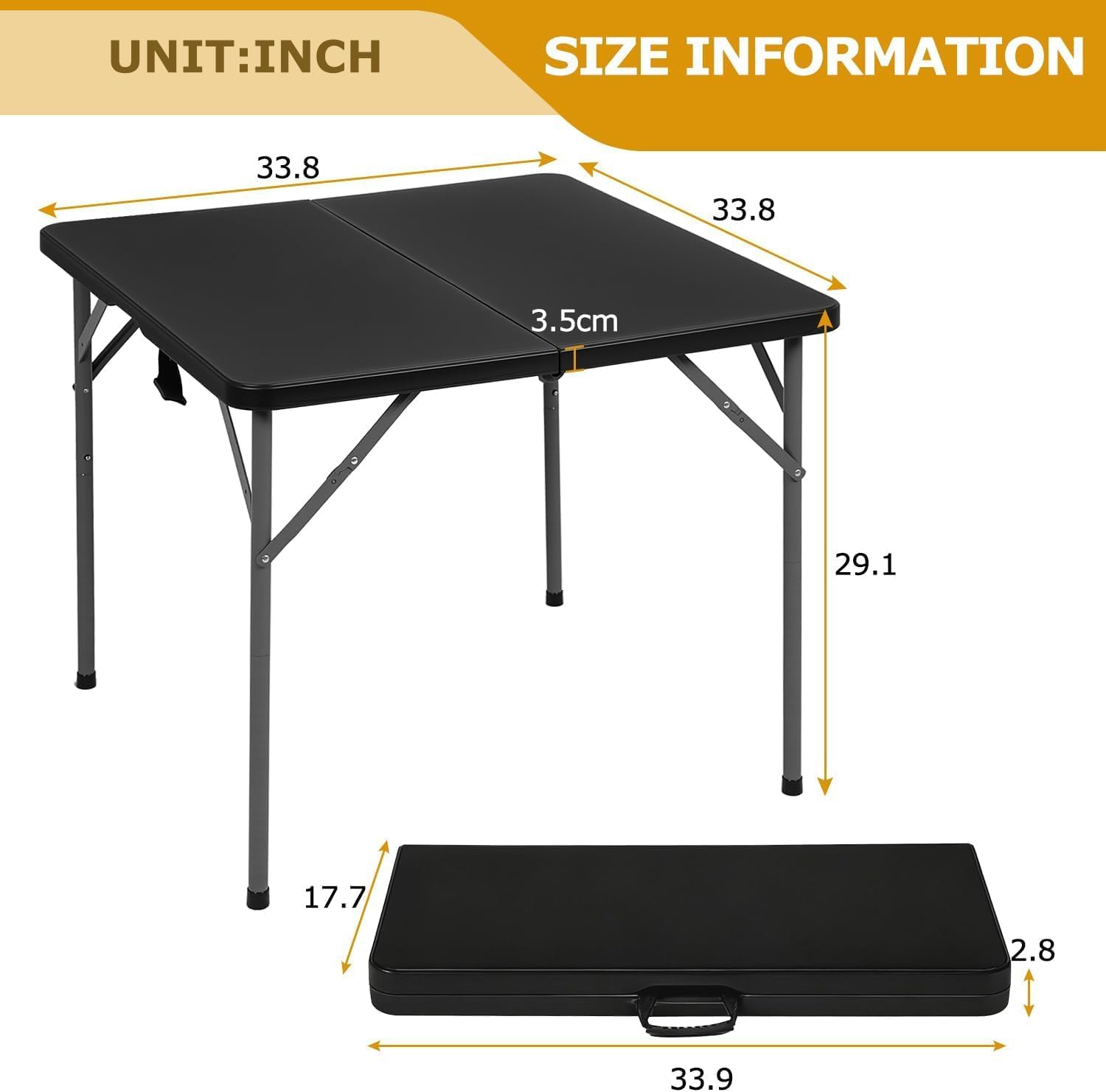 BLKMTY 34" Square Folding Card Table, Indoor Outdoor Portable Picnic Table Half Foldable Plastic Tables with Carrying Handle for Kitchen Camping Party BBQ Event, Black