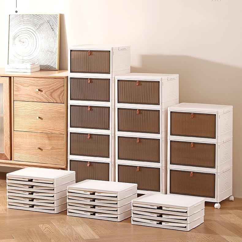 Foldable Storage Bins Boxes with Lid Wheels and Magnetic Door, Collapsible Stackable ABS Organizer for Kitchen Cloakroom Closet Living Room & Office (6 Tier)