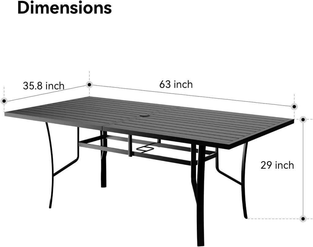 Trevero 7 Pieces Outdoor Dining Table 63"x36", Rectangle Patio Dining Table and Chairs with Stable Metal Frame for Garden, Backyard and Porch, Umbrella Hole Design, Suitable for 6 People