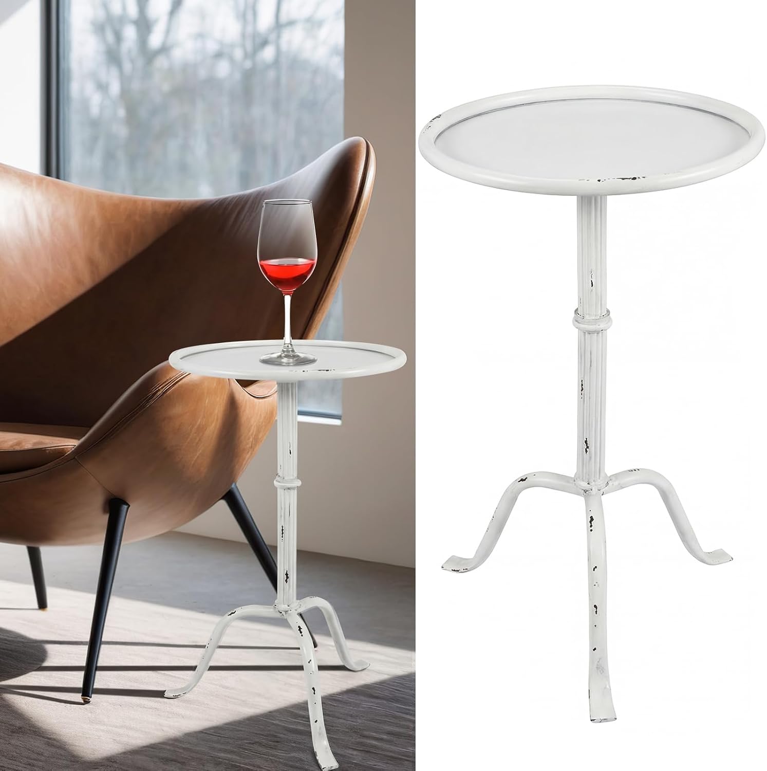 RattanView 1 Pcs Metal Martini Table White Small Round Drink Table12.5 x 12.5 x 27.75 Inches Pedestal Iron Tables for Small Living Room Bedroom Spaces