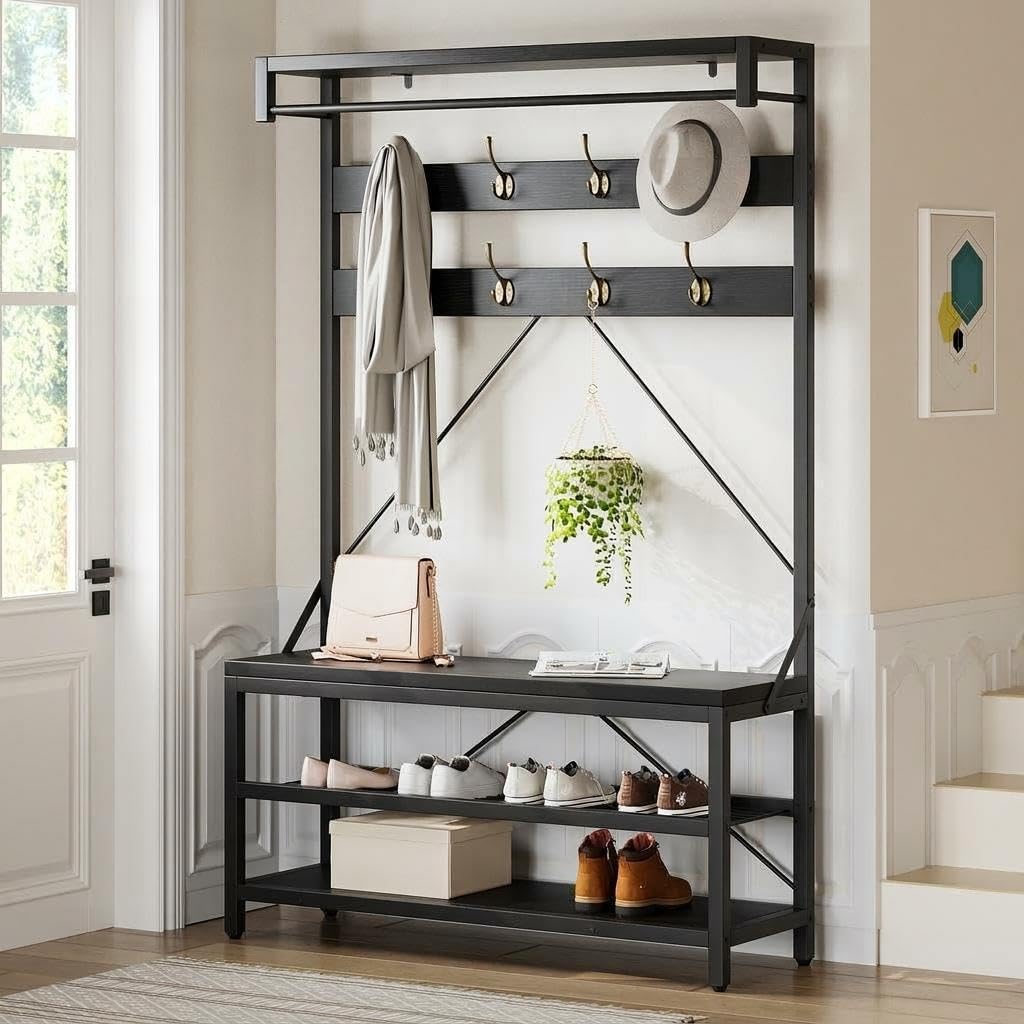 71 Inch Hall Tree With Bench and Shoe Storage, 5-in-1 Mudroom Bench with Storage and 10 Hooks and Shelves, Freestanding Hall Tree for Entryway Hallway, Metal and Particleboard, Black