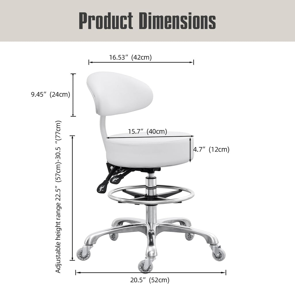 Grace&Grace Drafting Chair Big Cushion Rolling Stool with Back, Tall Shop Stool Rolling Chair with Footrest for Studio, Workshop, Classroom, Lab, Counter, Home Office (White)