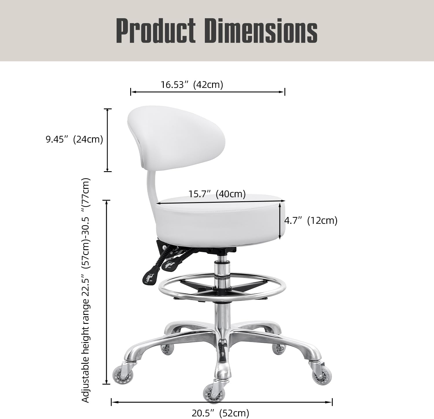Grace&Grace Drafting Chair Big Cushion Rolling Stool with Back, Tall Shop Stool Rolling Chair with Footrest for Studio, Workshop, Classroom, Lab, Counter, Home Office (White)