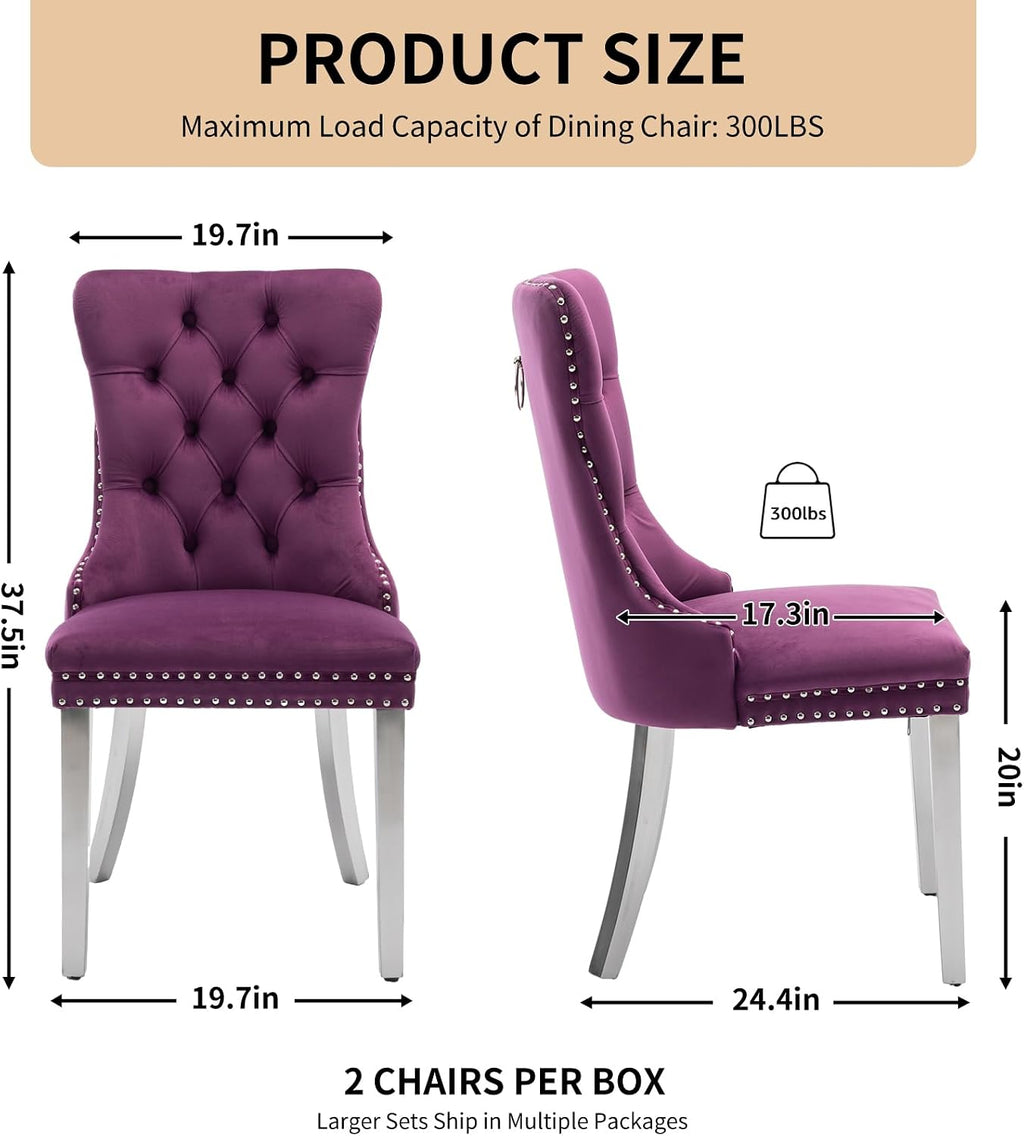 Velvet Dining Chairs Set of 4, Tufted Upholstered High Wingback Chairs with Nailhead Trim & Pull Ring, Silver Stainless Steel Legs for Dining Room, Sillas de Comedor, Purple