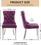 Velvet Dining Chairs Set of 4, Tufted Upholstered High Wingback Chairs with Nailhead Trim & Pull Ring, Silver Stainless Steel Legs for Dining Room, Sillas de Comedor, Purple