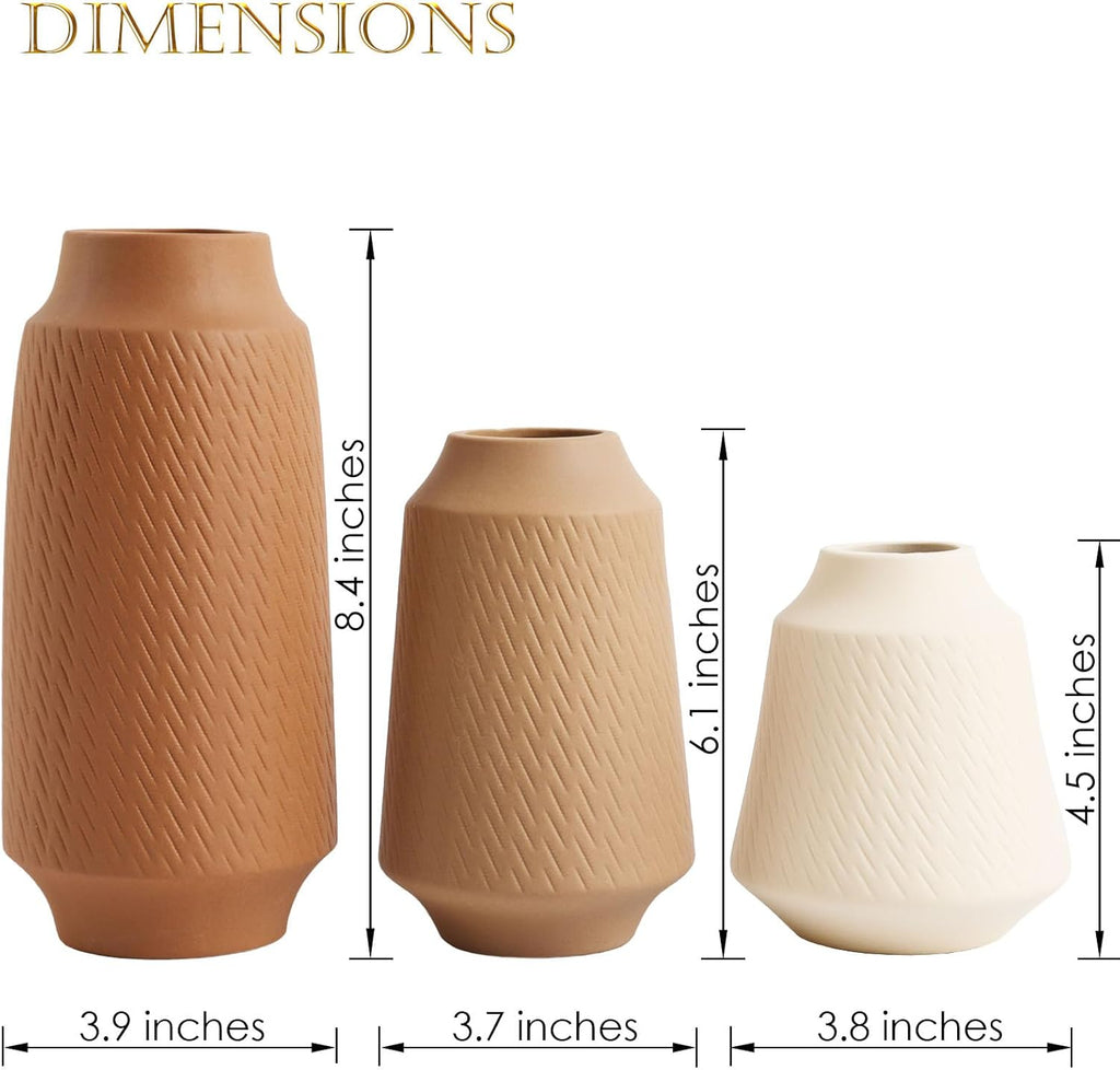 Joeabor Ceramic Vase Set of 3 - Handcrafted Ceramic Vases for Home Decor & Shelf - Modern Farmhouse Decor for Kitchen, Office, Bedroom & Living Room Decorative Objects for Mantel, Table Centerpieces