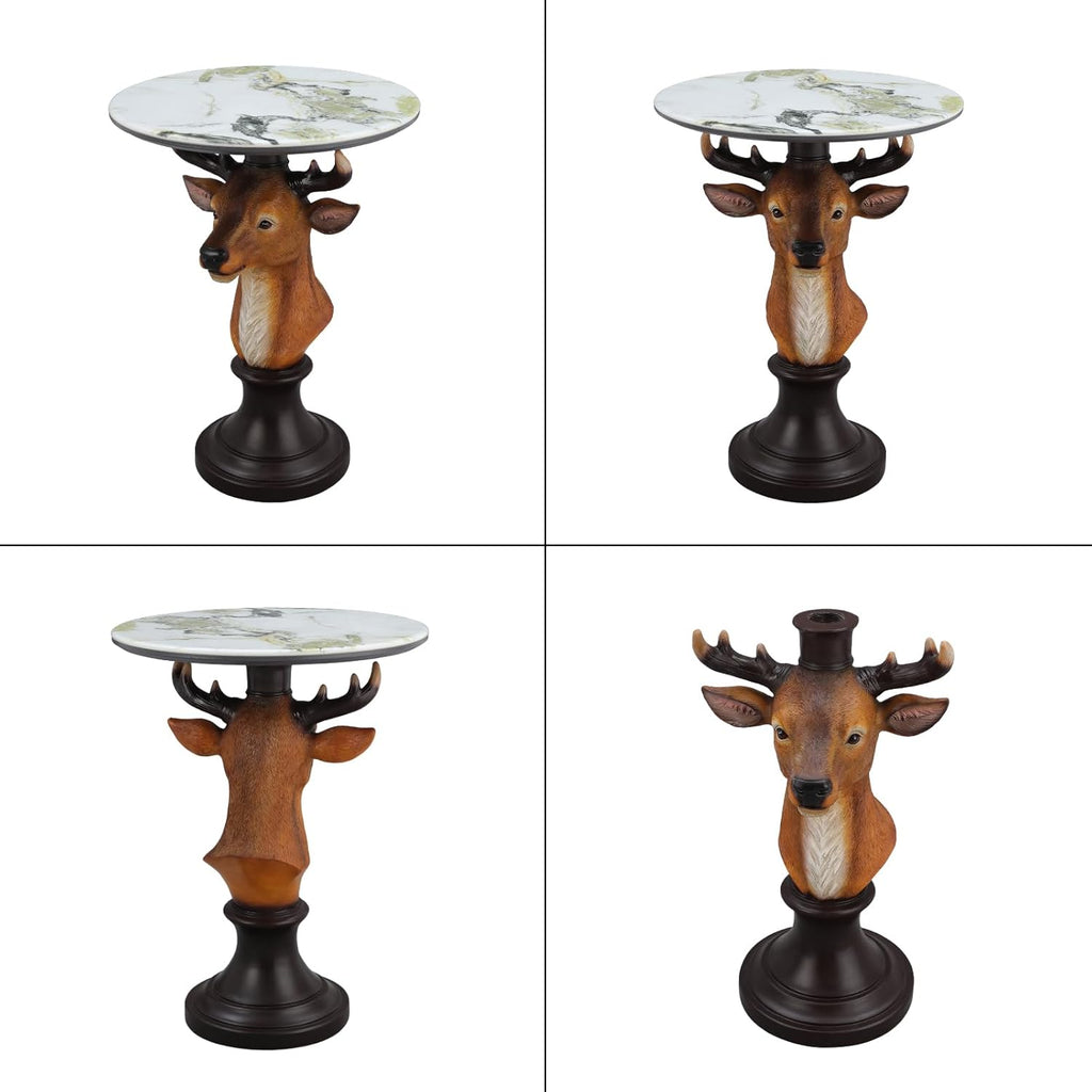 Deer Head Accent Table with Resin Animal Statue, Round Faux Marble End Tables for Living Room, Bedroom or Cabin, Bold Animal-Inspired Decorative Side Tables, Sturdy Accent Furniture for Home Décor