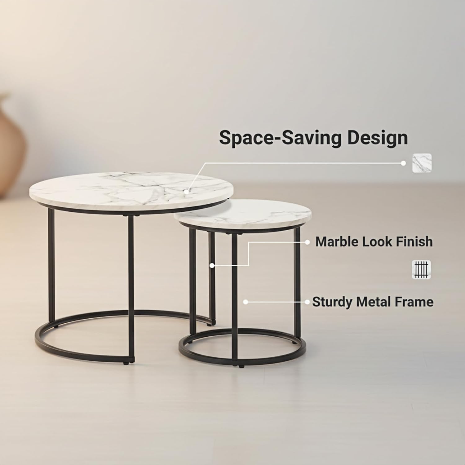 Round Nesting Coffee Table Set of 2, Modern Marble Pattern Wooden Nesting Tables, Stacking Minimalist End Table for Living Room Bedroom Small Space, White and Black