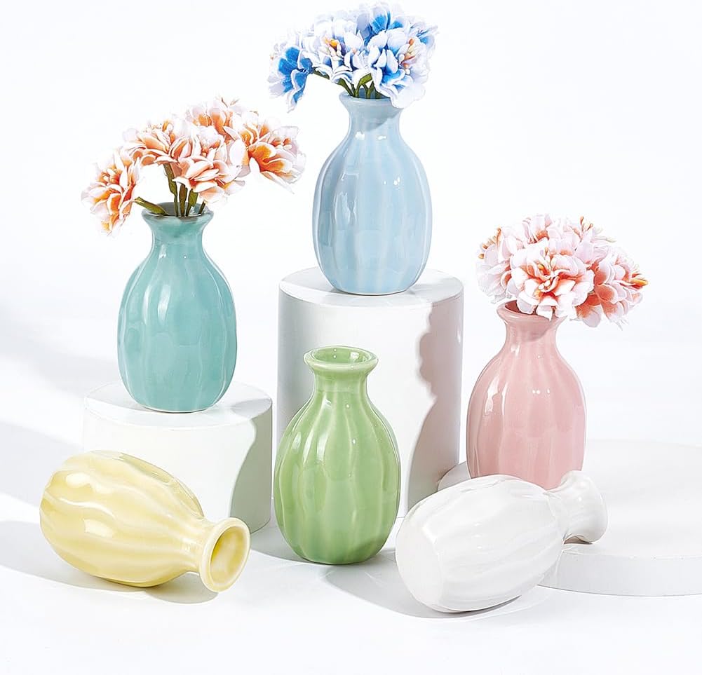 NBEADS 6 Pcs Mini Ceramic Flower Vase, Rustic Decor Vase Modern Farmhouse Multicolored Plain Small Vases for Flowers Small Plants Floral Dining Room Shelf