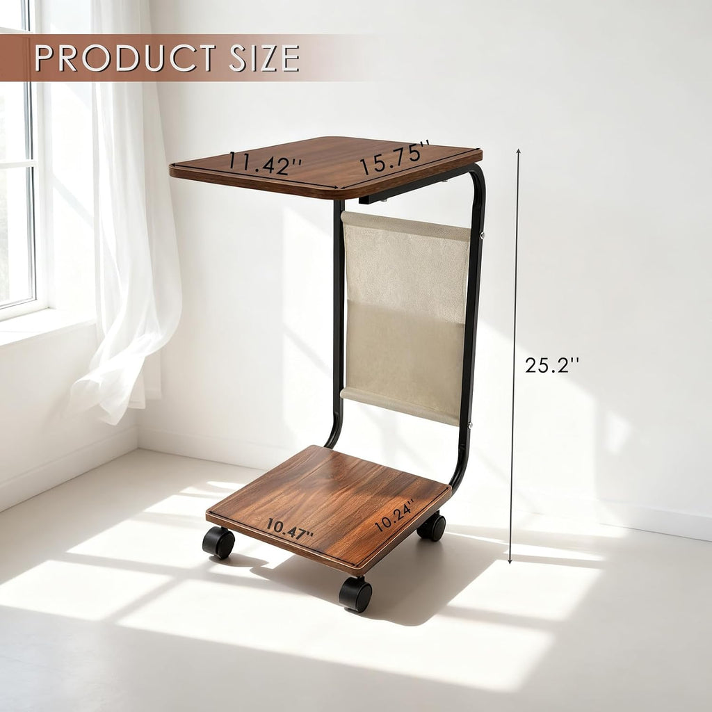 Dreamzie C Shaped End Table with Wheels, Small Side Table for Couch with Storage Bag, Couch Tables That Slide Under, TV Tray for Living Room, Bedroom, Home Office - Brown