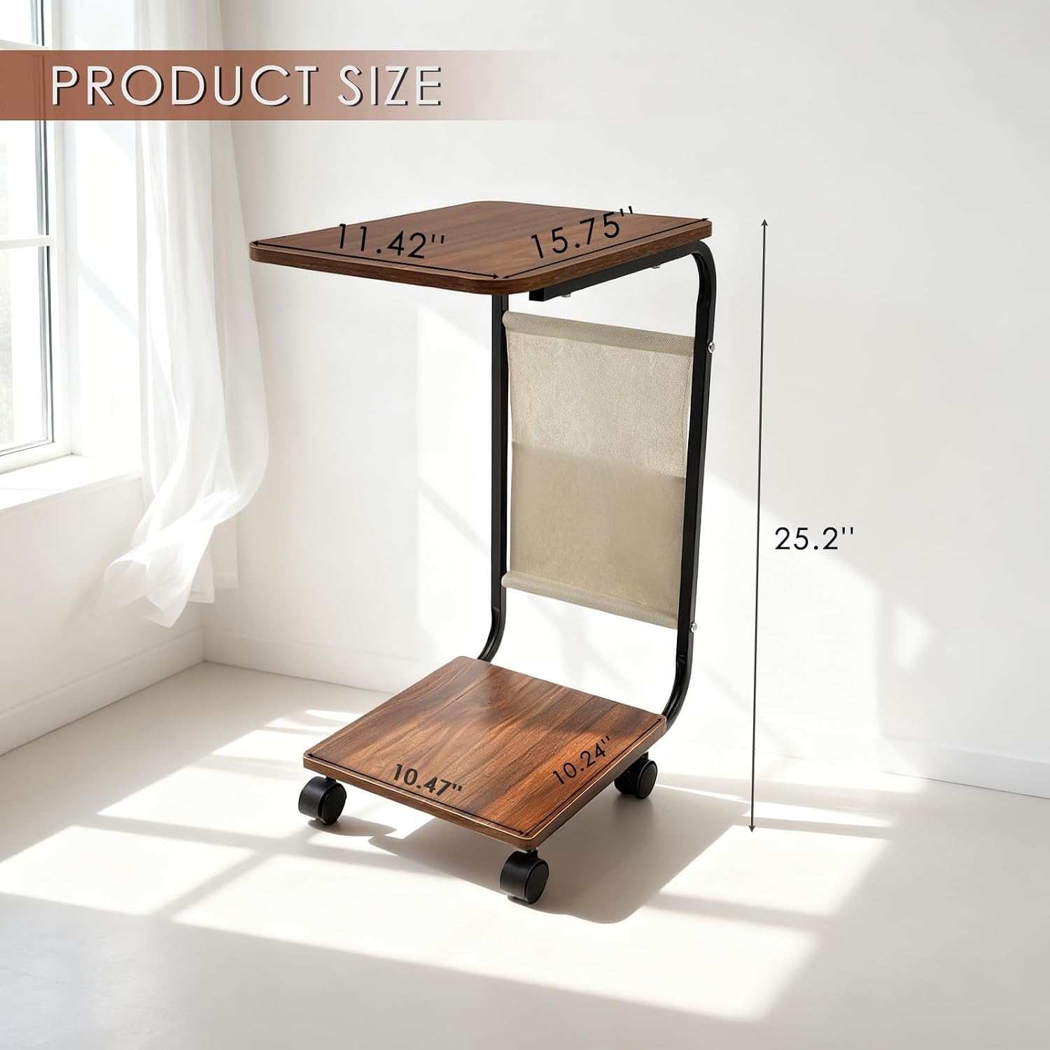 Dreamzie C Shaped End Table with Wheels, Small Side Table for Couch with Storage Bag, Couch Tables That Slide Under, TV Tray for Living Room, Bedroom, Home Office - Brown
