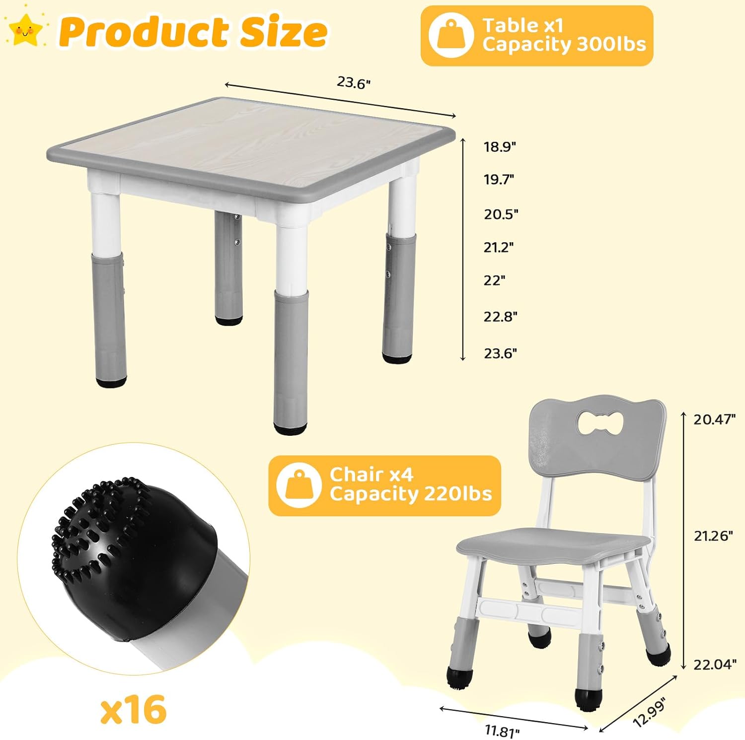 Arlopu Kids Table and 4 Chairs Set, Height Adjustable ((18.9"–23.6"), Anti-Slip Childrens Activity Desk, Wipe-Clean Desktop, Montessori Learning, Drawing for Toddler, Classroom, Home & Daycare (Grey)