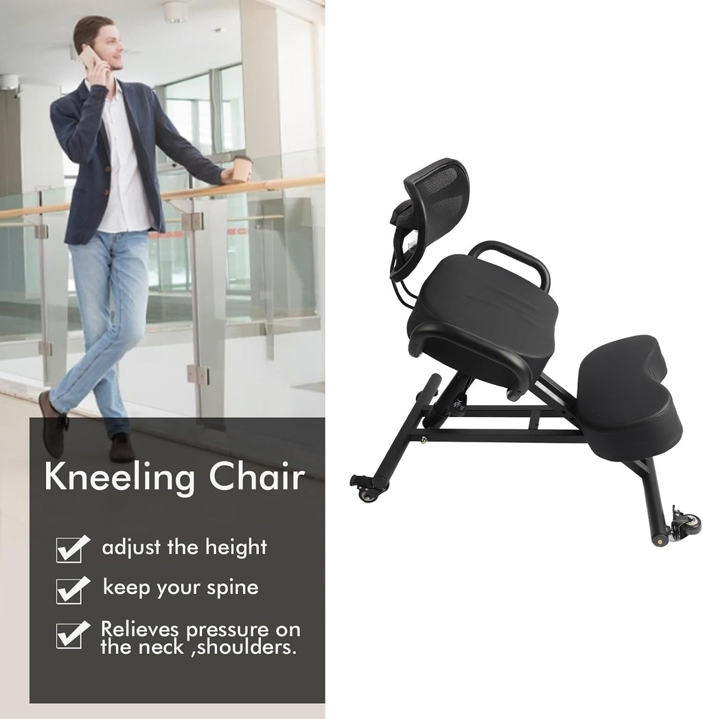 Qinlorgo Height Adjustable Ergonomic Kneeling Chair Posture Corrector Back Support Chair with Mesh Backrest & Leather Cushion for Home Office Spine Health