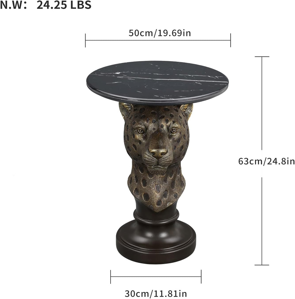 Decorative Leopard Round Side Table - Creative Bronze Animal Head End Table with Black Faux Marble Top - Luxury Safari Theme Accent Furniture Statement Piece for Living Room, Bedroom & Office