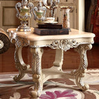 Luxury Carved Solid Wood End Table with Marble Top, European Style Antique Side Table, Ornate Sofa Corner Table for Living Room Bedroom