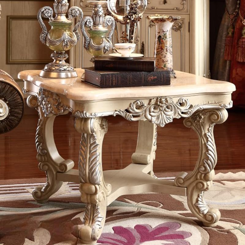 Luxury Carved Solid Wood End Table with Marble Top, European Style Antique Side Table, Ornate Sofa Corner Table for Living Room Bedroom