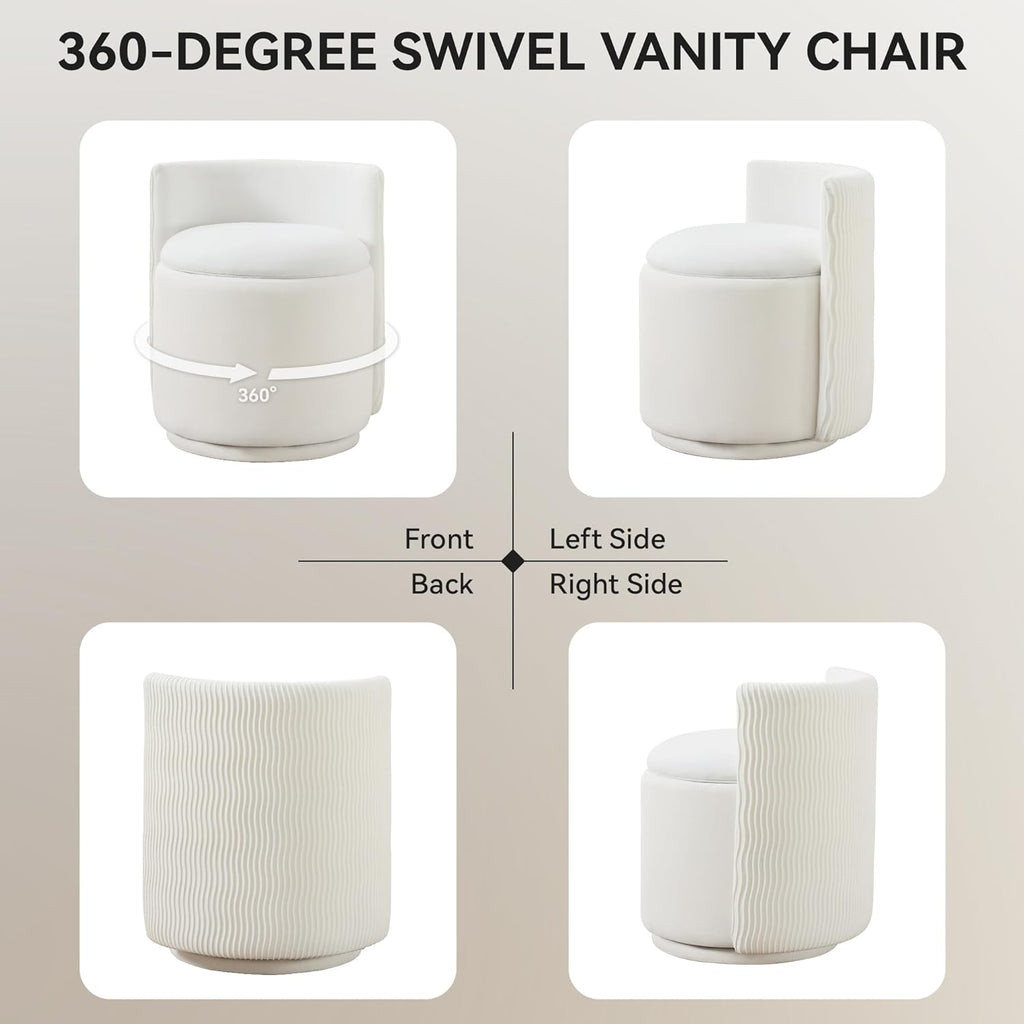 WUTUTUEE Velvet Vanity Chair with Storage, 360° Swivel Makeup Chair with Wave Back, No Assembly Small Accent Stool for Bedroom, Dressing, Living Room, White
