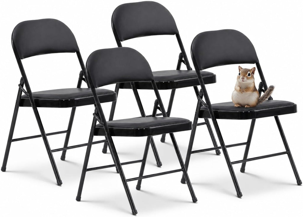 Oline Vinyl Folding Chairs, Padded Vinyl Cushion Chairs with Durable Metal Frame, Indoor Outdoor Stackable Foldable Guest Chairs for Office Wedding Kitchen Dining, 300lb Capacity (Black, 4 Pack)