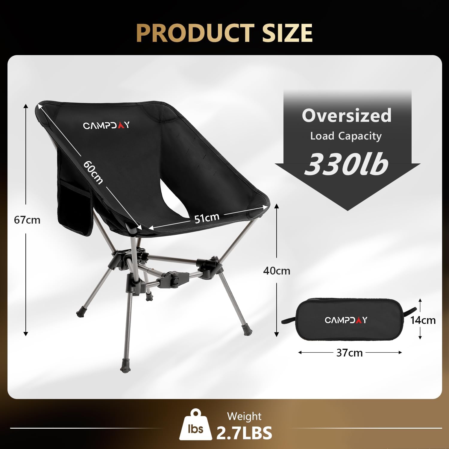 Camping Chair Backpacking Portable Hiking Ultralight Small Lightweight Folding Chair for Outdoor Camp Beach Picnic Concert, Supports 330lbs (Black,1PCS)