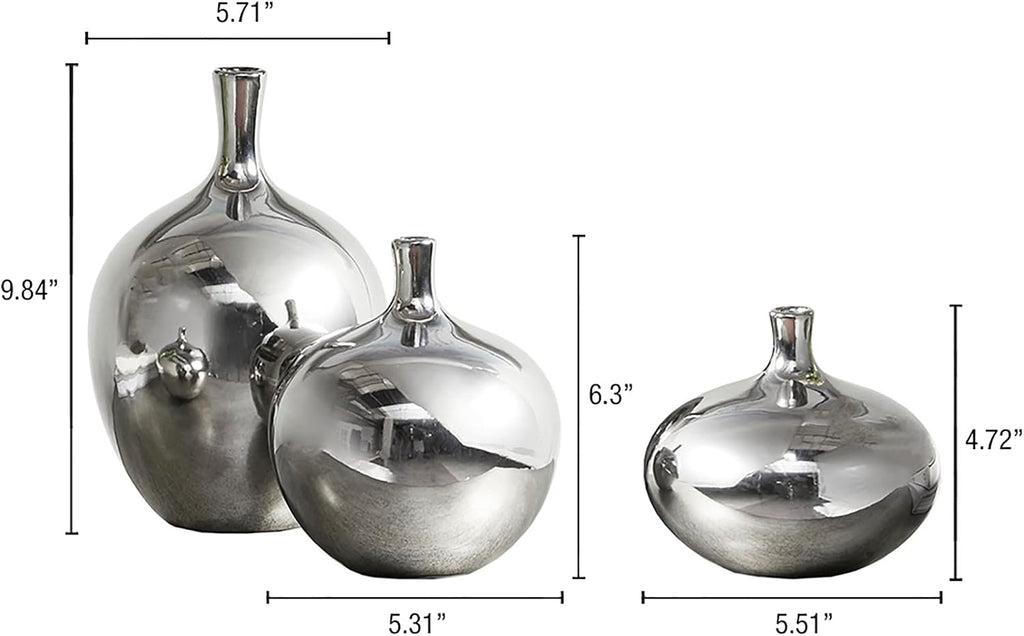 Madison Park Signature Ansen Ceramic Handmade Vase Set Home Décor - Metallic Accent Living Room Decoration Ideal for Shelf, Side Table, Mantle Ornaments, Multi Size, Silver 3 Piece
