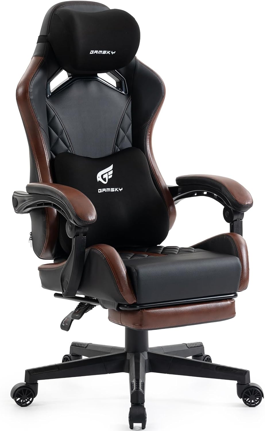 Ergonomic Gaming Chair for Adults with Footrest - PU Leather Computer Gamer Chair with Memory Foam Headrest & Lumbar Pillow, Reclining Silla Gamer Video Game Chair for Home Office, Black & Brown