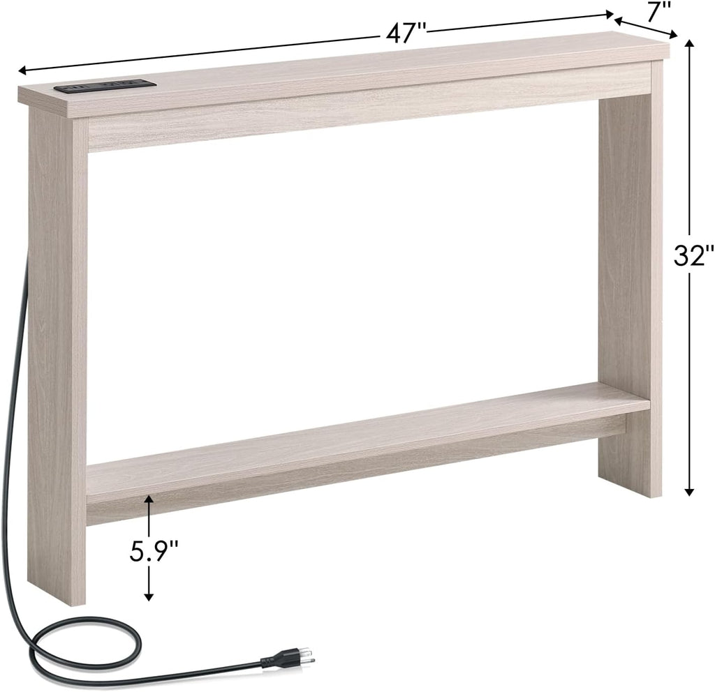 Console Table with Power Outlet and USB Port, 47" Long Behind Couch Table with Charging Station, Narrow Sofa Table for Entryway, Living Room, Foyer, Hallway, White Oak Grey