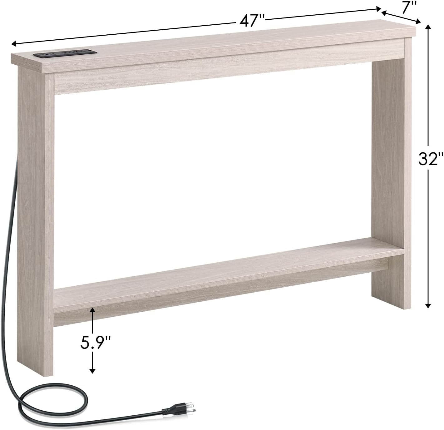 Console Table with Power Outlet and USB Port, 47" Long Behind Couch Table with Charging Station, Narrow Sofa Table for Entryway, Living Room, Foyer, Hallway, White Oak Grey