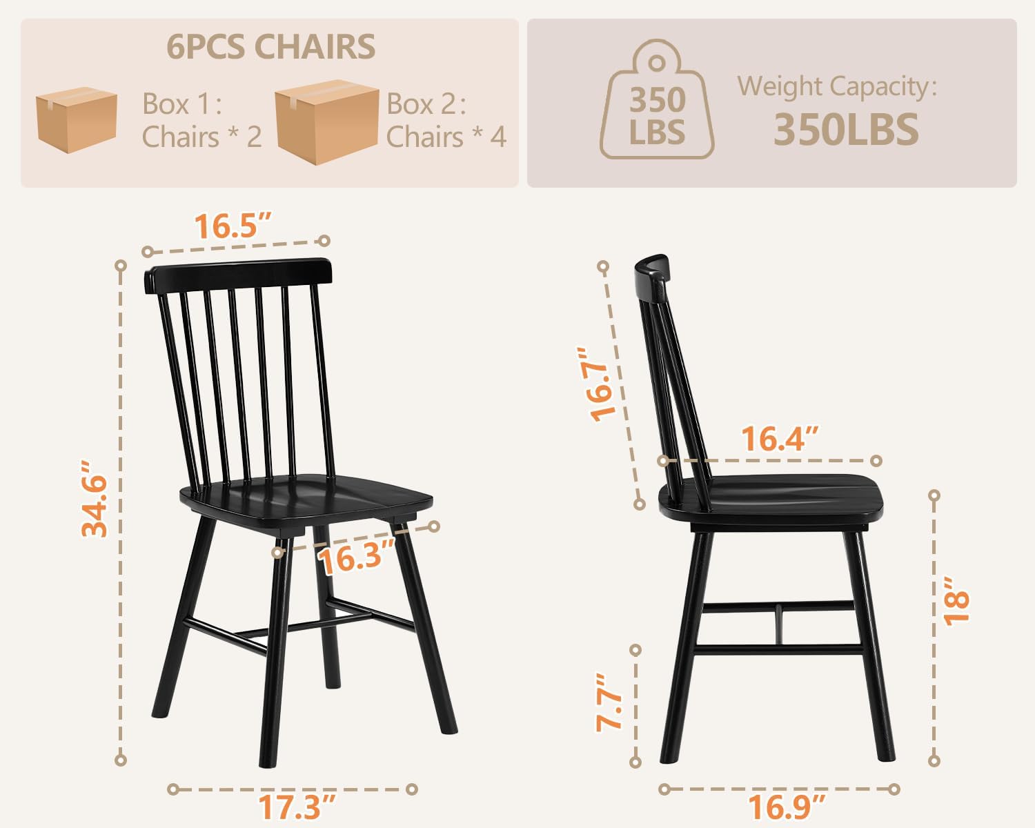 PrimeZone Windsor Dining Chairs Set of 6 - Solid Rubber Wood Farmhouse Kitchen Chair with Spindle Back, Mid-Century Modern Side Dining Chair for Dining Room, Kitchen & Restaurant, Black