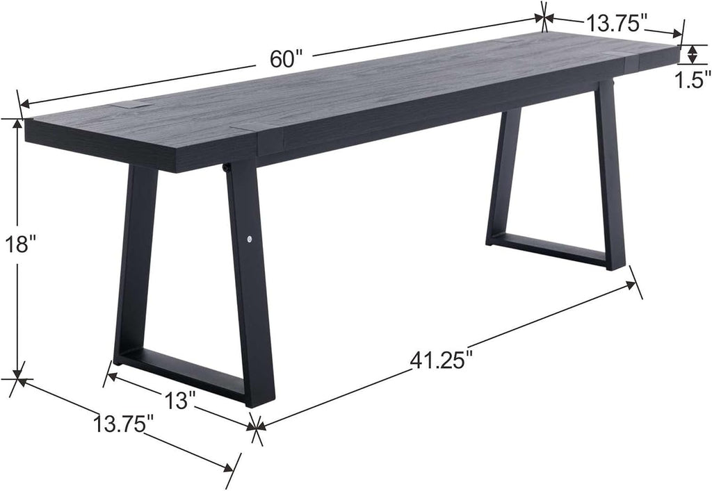 VESCASA 60" Wood Dining Bench with Black Metal Legs for Dining Room, Kitchen, Black