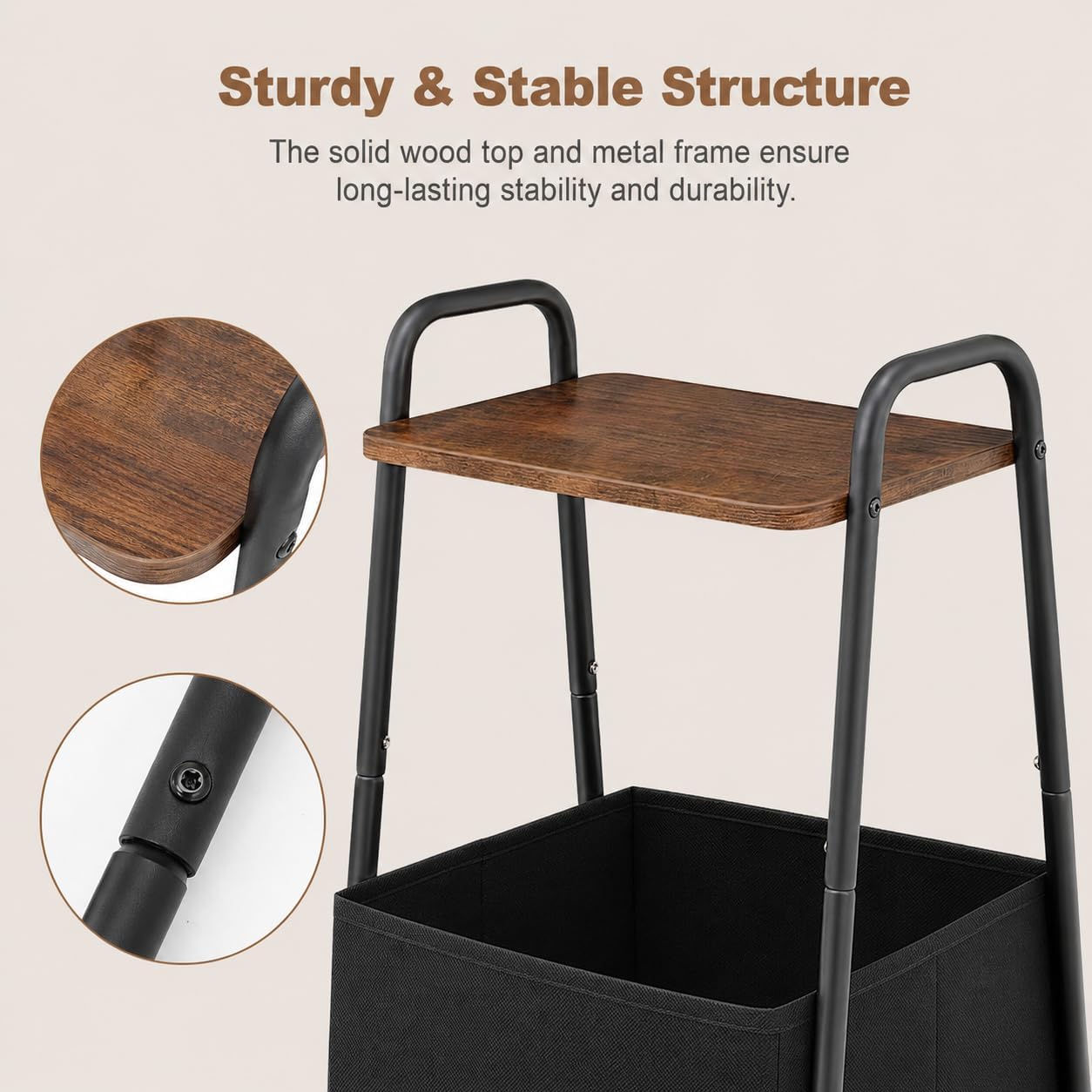 Rustic Brown Metal Frame Nightstand - Small Side Table with Fabric Storage Basket and Handle - Ideal for Bedroom & Living Room & Dorm