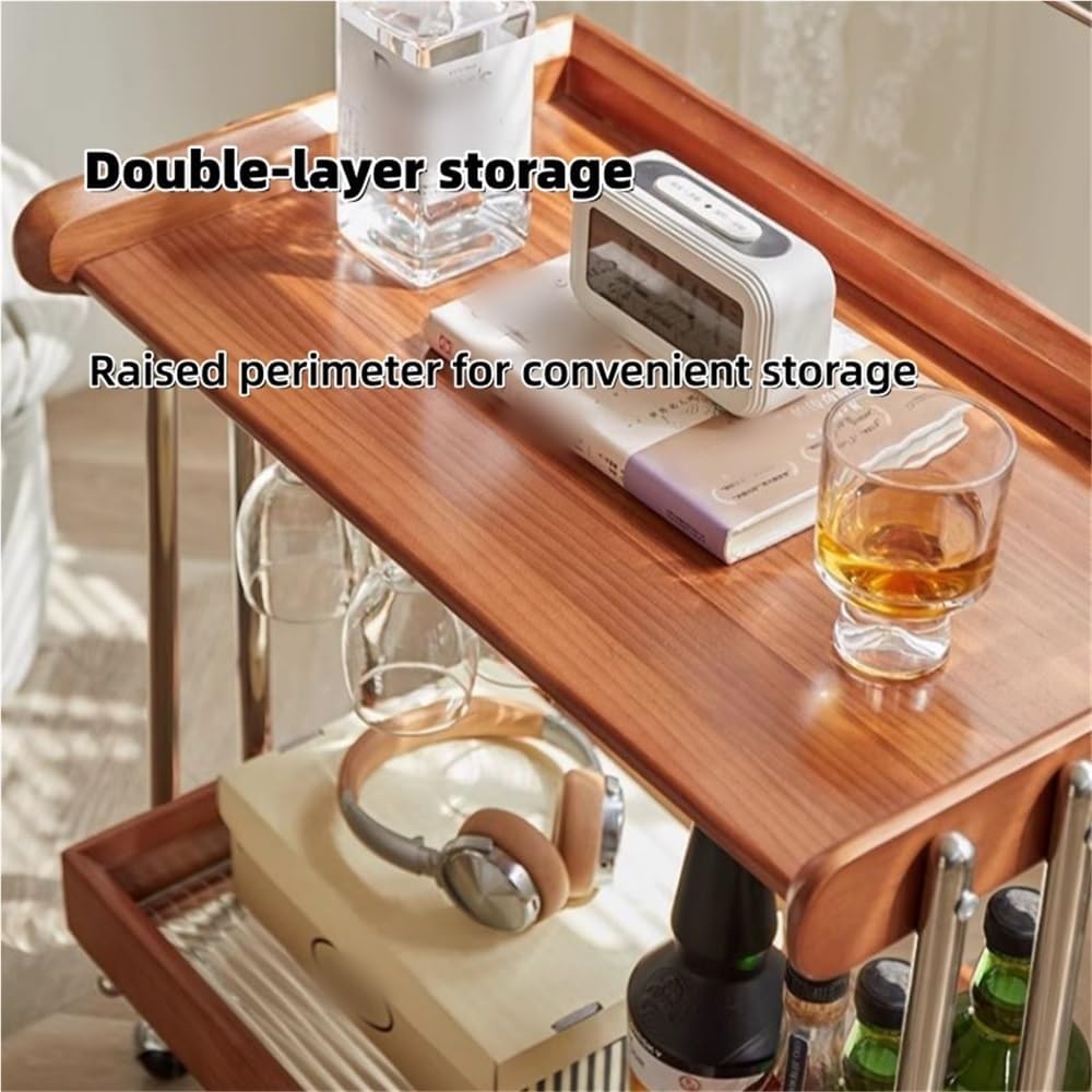 Double-Layer Bar Cart, Modern Bedside Cart with Handle, Side Table with Wheels, Small Tea Cart Suitable for Home, Coffee Shop, Hotel(Natural)