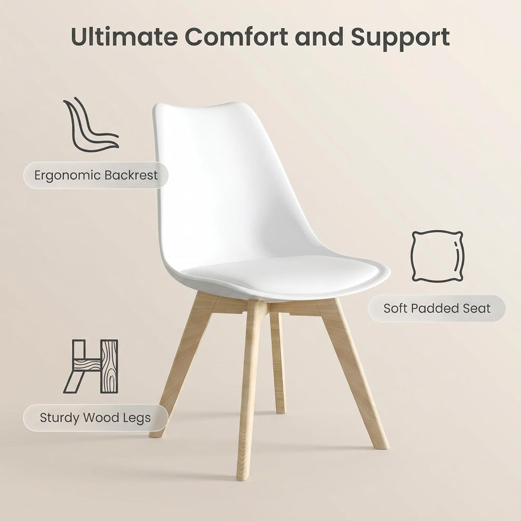 SHGJ&SOFT Modern Dining Chair Set of 4, PU Leather Kitchen Chair with high Back, Tulip Chair with Solid Wood Legs with Cushion and Back Cushion for Living Room Bedroom Dining Room (White, 4 PC)