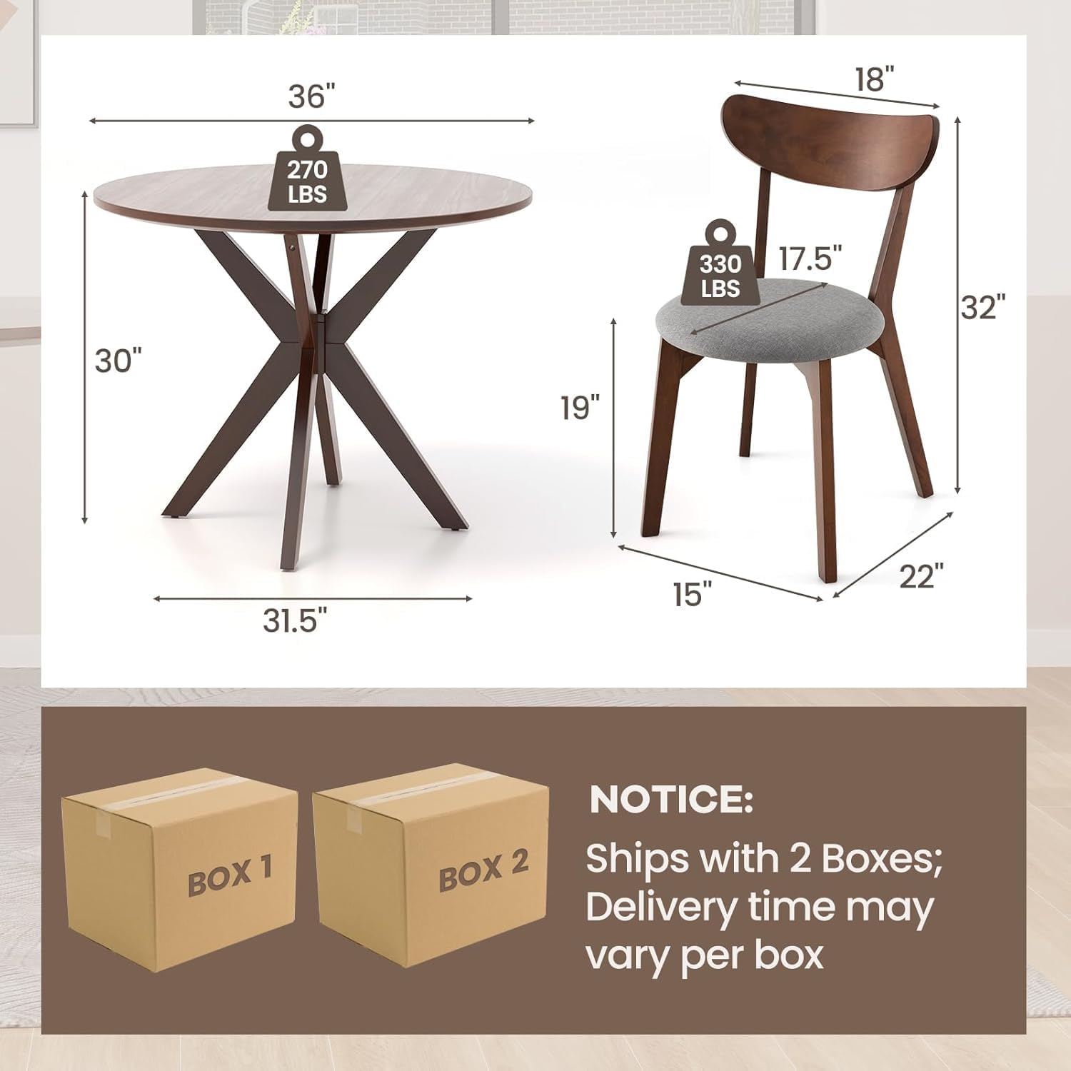 NAFORT Round Dining Table Set for 2, Mid-Century Modern Table and Chairs, Wood Kitchen Table w/Cushioned Chairs, Compact 3 Piece Dinette Set for Office, Bistro, Small Spaces, Kitchen, Restaurant