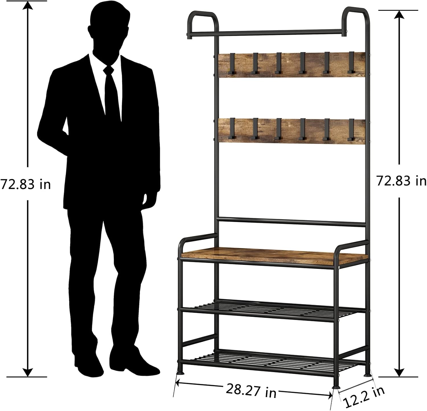 LINZINAR Coat Rack Hall Tree with Bench and Shoe Storage 3 in 1 Entryway | Stand Alone Coat Hanger Shoe Shelf Coat and Shoe Rack Entryway Hall Tree for Entrance Hallway Doorway Front Door