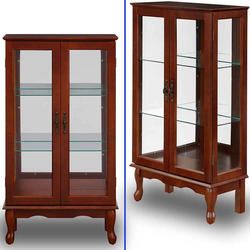 Anwick China Cabinet &Curio Cabinets with Glass Doors, Lighted Display Cabinet with Mirrored Back Panel, Tempered Glass and 3 Tiers Adjustable Shelves (Cherry)