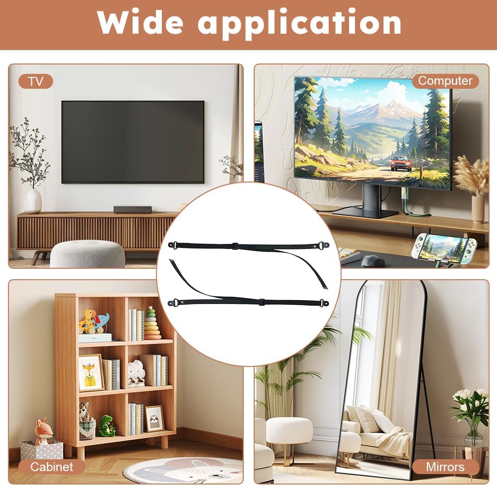 2 Pack Adjustable TV Safety Straps TV Wall Anchors No-Drill Adhesive Anti-Tip Furniture Anchors for Proofing Furniture Wall Anchors Flat Screens Fix to Wall,Cabinet,Stand Or Desk(COLOR:black)