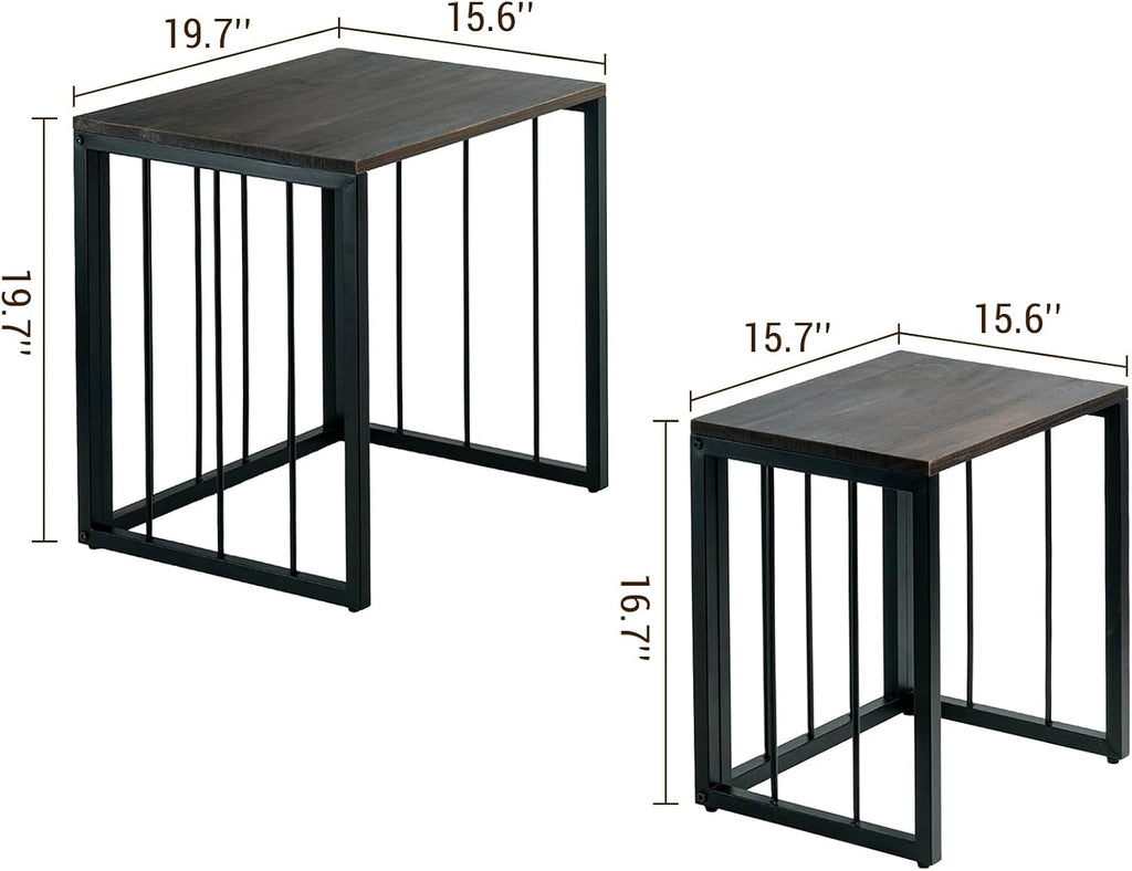 MyGift Nesting End Tables, Rectangular Coffee Tables, Set of 2 Stacking Living Room Side Table with Rustic Burnt Solid Wood Tops and Modern Black Metal Frame