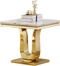 23'' Faux Marble End Table with High-Gloss U Base, Rectangular Marble Top Sofa Side Table for Living Room Office, Modern White Gold Accent Table with Stainless Steel Frame