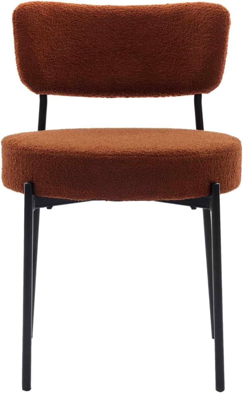 Boucle Dining Chairs Set of 4, Brown Mid Century Modern Kitchen Dining Room Chairs with Curved Backrest and Metal Frame, Round Upholstered Dining Chairs for Kitchen, Living Room