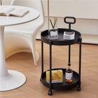 Sofa Side Table, Decorative Table with Universal Wheels, Metal Frame Coffee Table, 2-Tier Round Table, Trolley with Handle for Living Room, Balcony, Small Space(Brown)