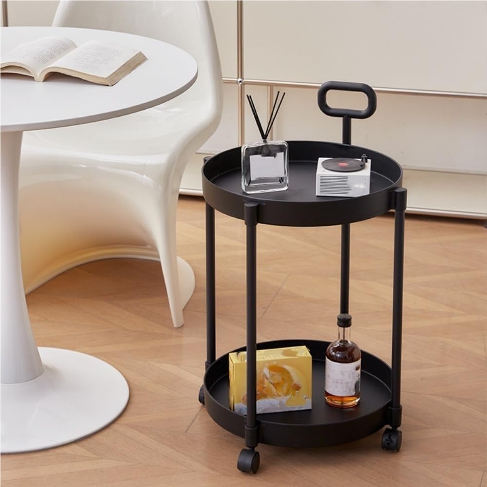 Sofa Side Table, Decorative Table with Universal Wheels, Metal Frame Coffee Table, 2-Tier Round Table, Trolley with Handle for Living Room, Balcony, Small Space(Brown)