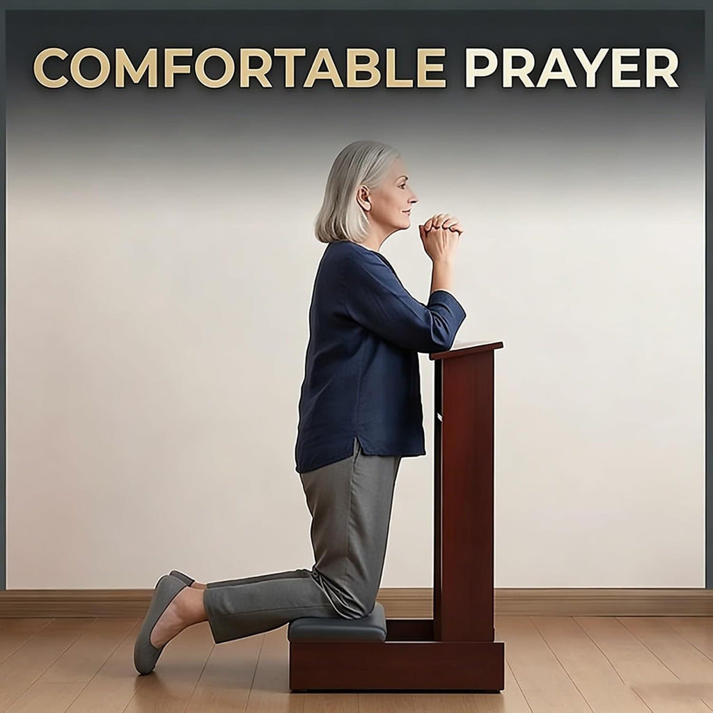 Wooden Prayer Kneeler Bench with Storage Shelf and Cushion, Stable Church Pulpit Kneeling Chair with Reading Platform for Home Devotion and Bible Study, 20x16.5x33 Inches(White)