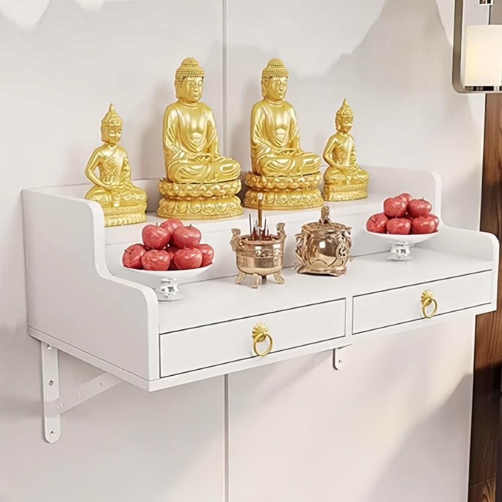 Wall Mounted Buddha Altar Shelf with Retractable Pull Board Small Statues Shrine Altar Table Meditation Altar Table Handmade Tiered Puja Shrine with Storage Buddhist Meditation Alte White 60CM/23.6IN